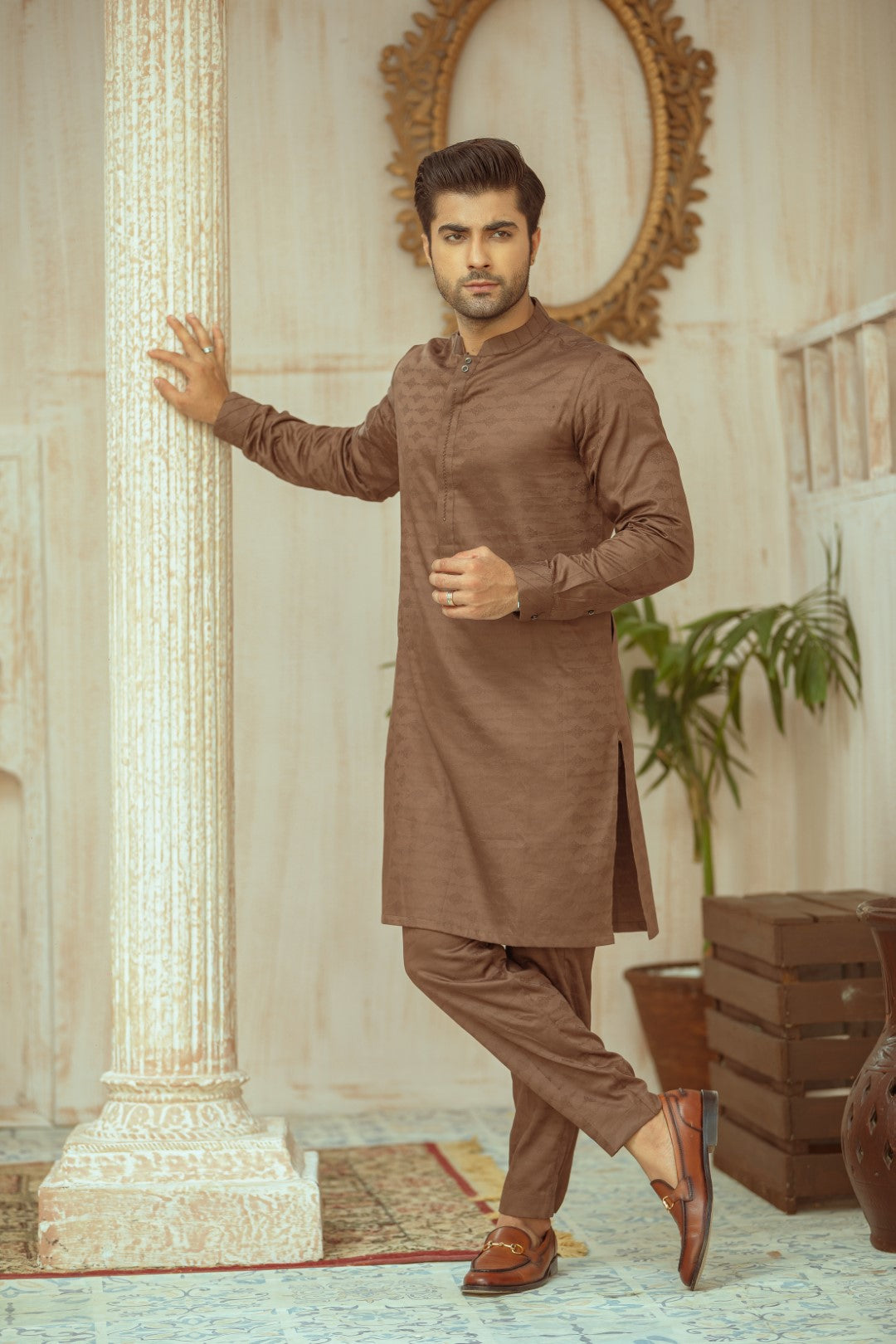 Brown Textured Kurta Pajama