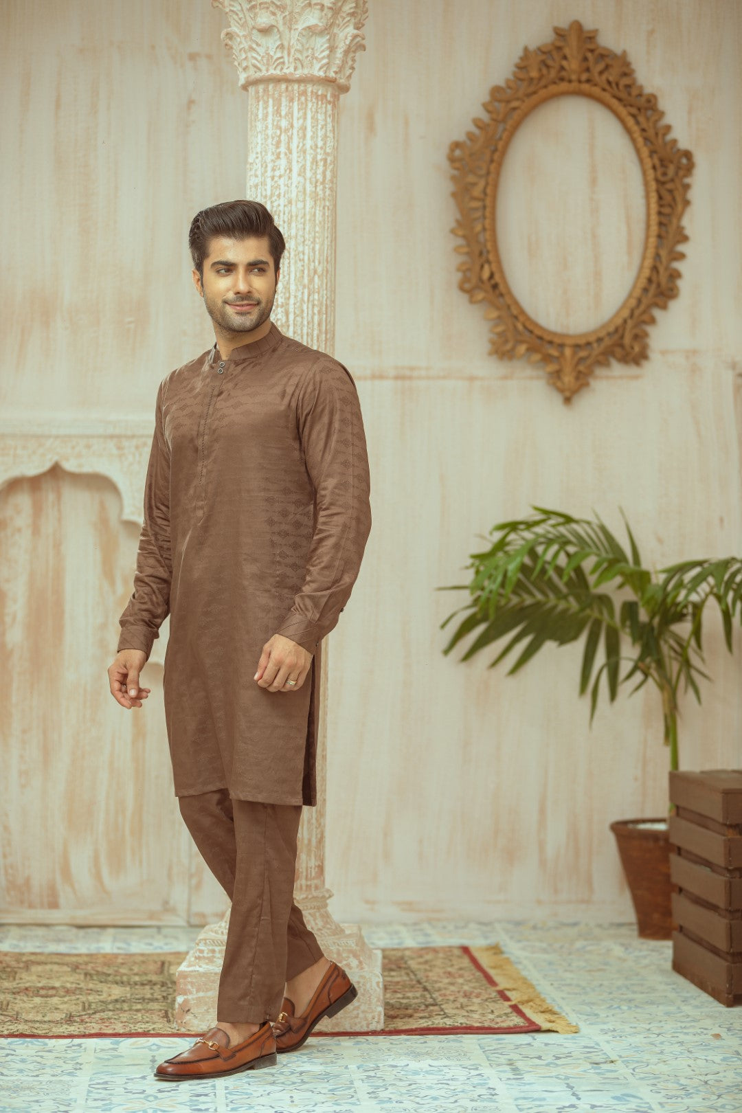 Brown Textured Kurta Pajama