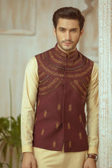 Dark Maroon Waistcoat with Matte Gold-Copper Finish