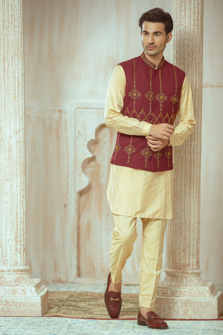 Dark Maroon Waistcoat with Gold-Copper Embellishment
