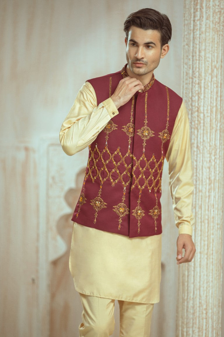 Dark Maroon Waistcoat with Gold-Copper Embellishment and Neck Embellishment.