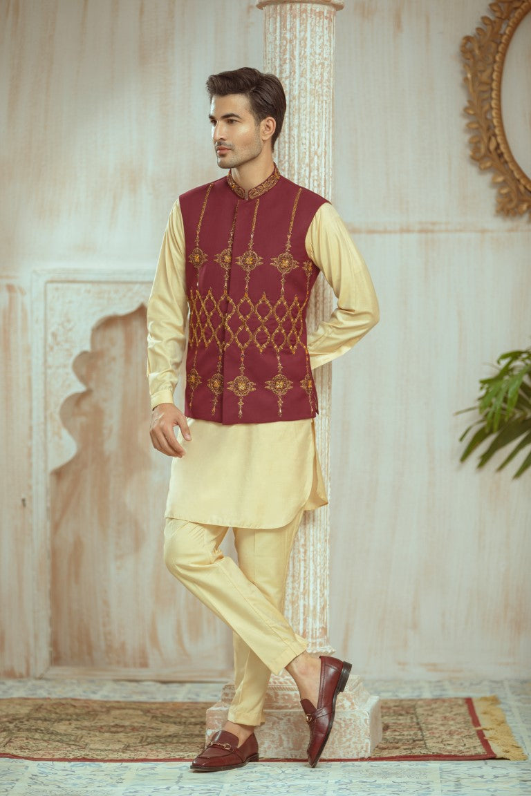 Dark Maroon Waistcoat with Gold-Copper Embellishment