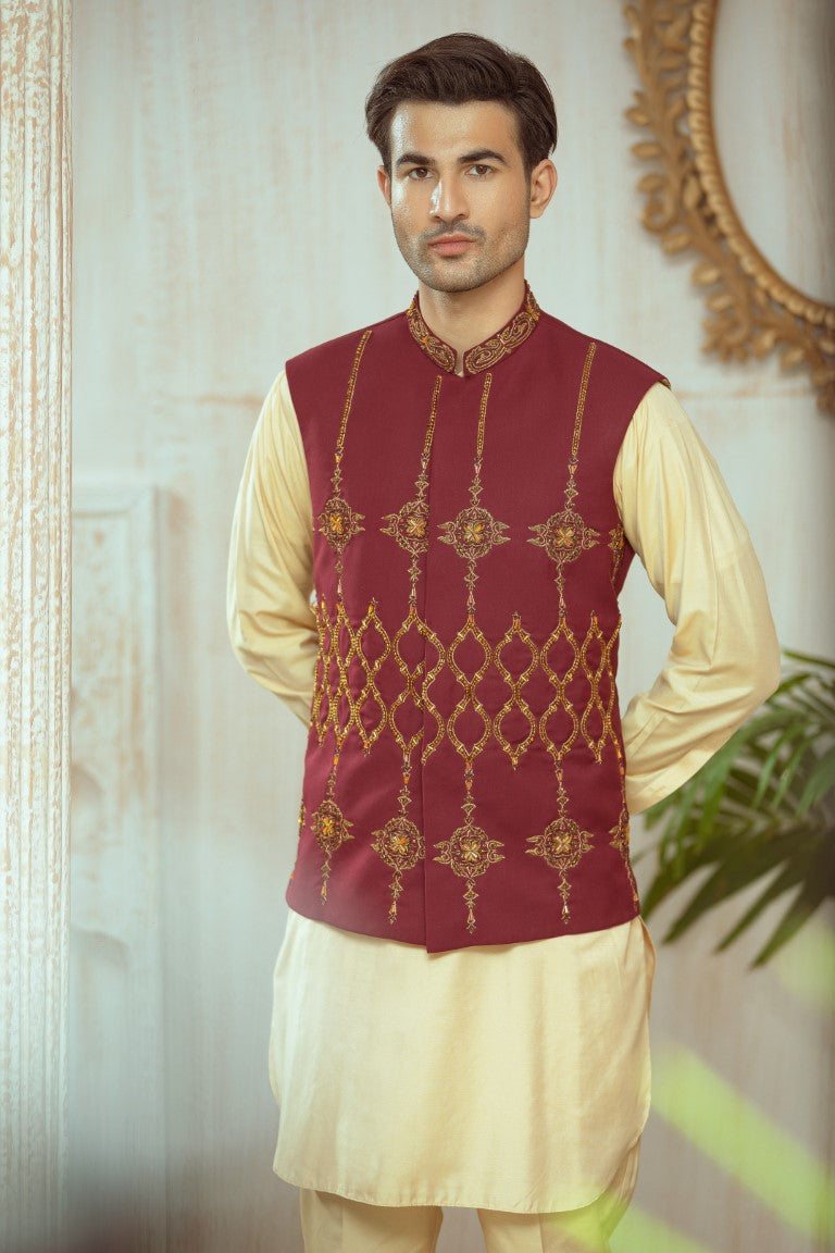 Dark Maroon Waistcoat with Gold-Copper Embellishment