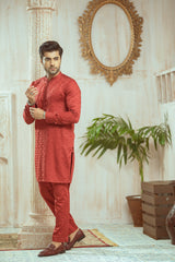 Red Textured Kurta And Trouser