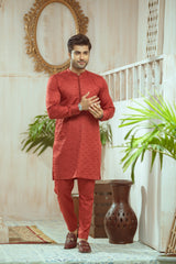 Red Textured Kurta And Trouser