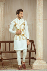 White Self-Fabric Waistcoat With Gold And Copper Embellishment.