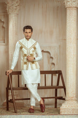 White Self-Fabric Waistcoat With Gold And Copper Embellishment.