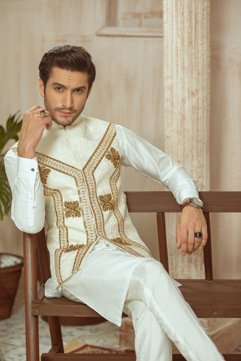 White Self-Fabric Waistcoat With Gold And Copper Embellishment.