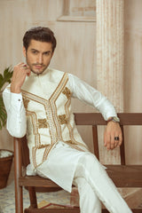 White Self-Fabric Waistcoat With Gold And Copper Embellishment.