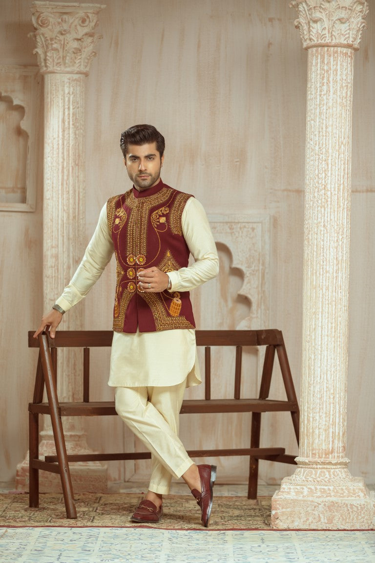 Deep Maroon Waistcoat with Matte Gold Embellishment