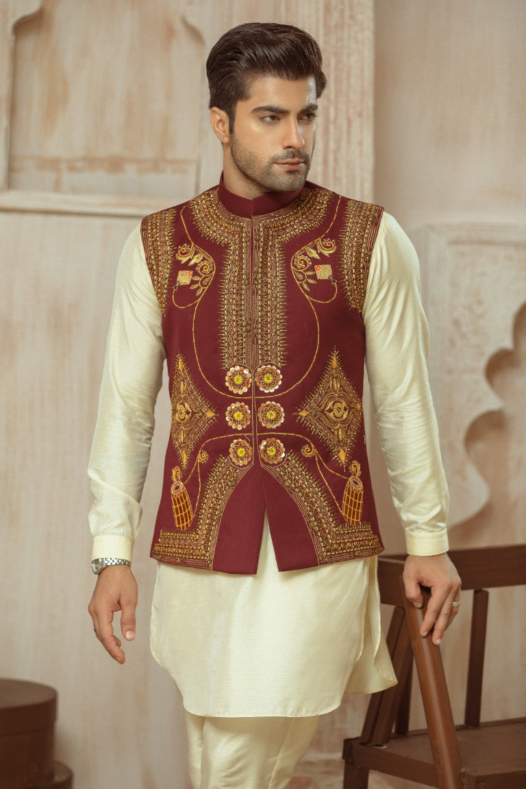 Deep Maroon Waistcoat with Matte Gold Embellishment