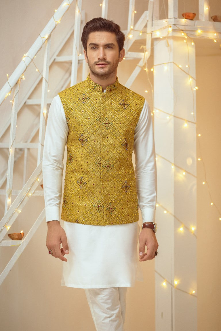 Mustard Embellishment Waistcoat With The Hints Of Colors