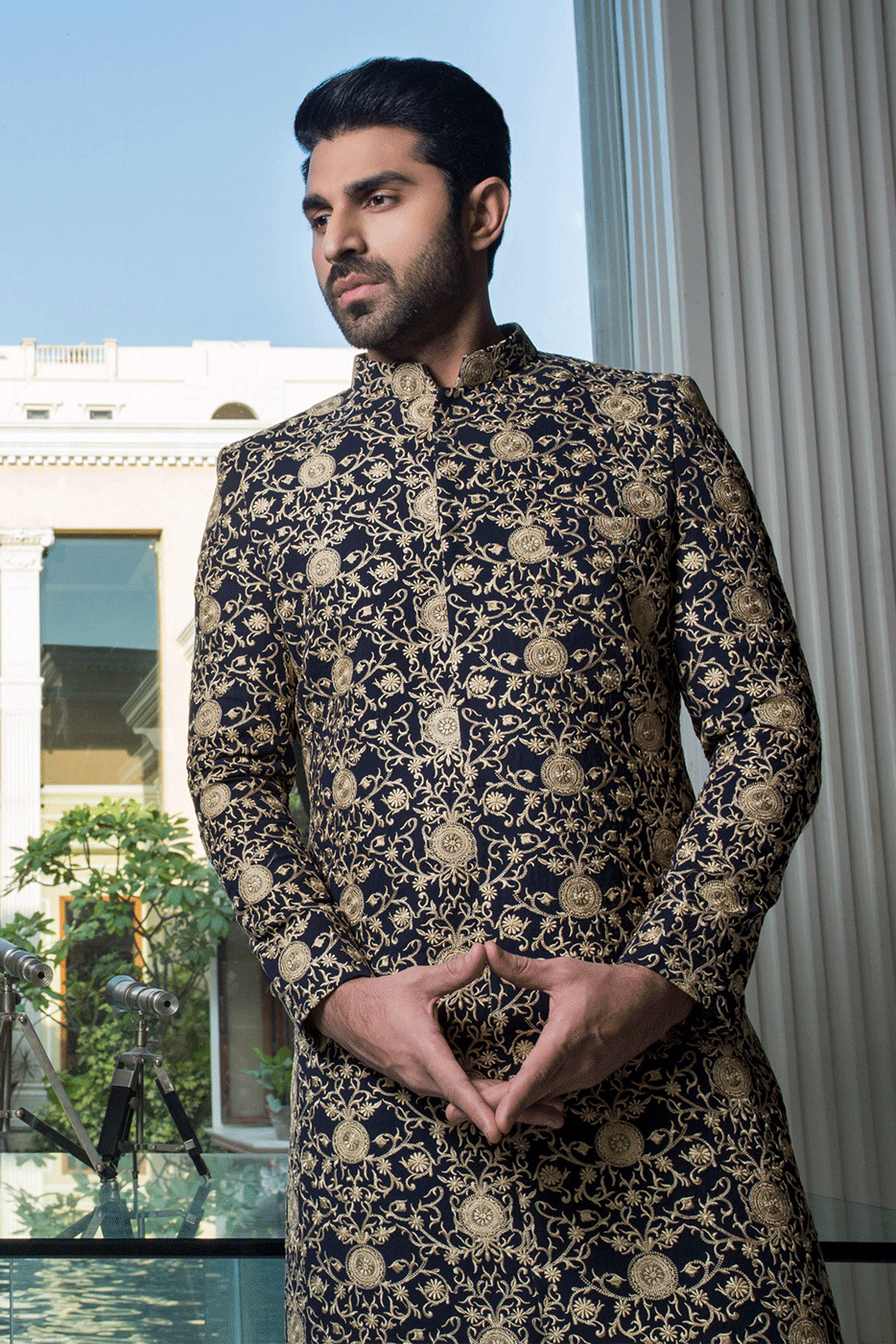 Navy blue and fawn  embroidered Sherwani