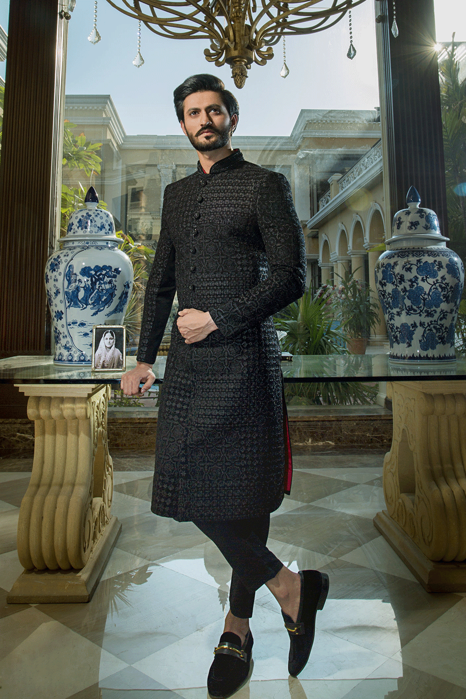 Black patch embroidered Sherwani