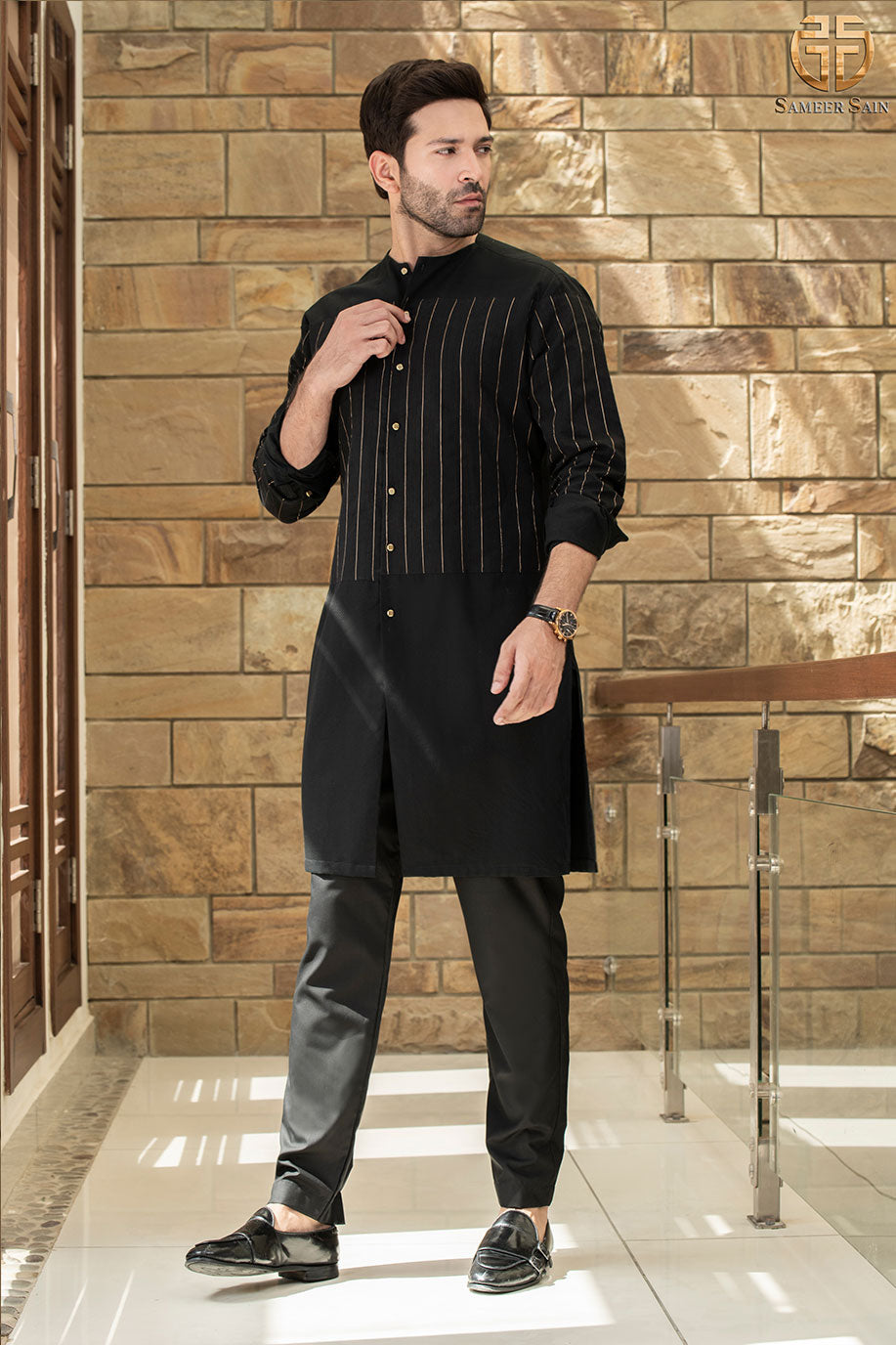 Black & Gold Front Open Stripes Kurta And Trouser