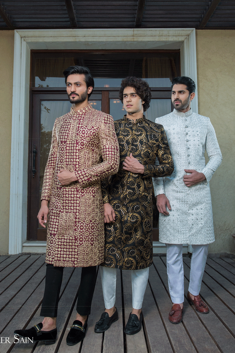 Maroon and Gold  patch embroidered Sherwani