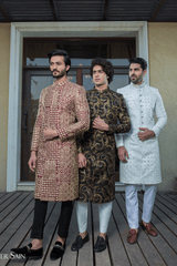 Maroon and Gold  patch embroidered Sherwani