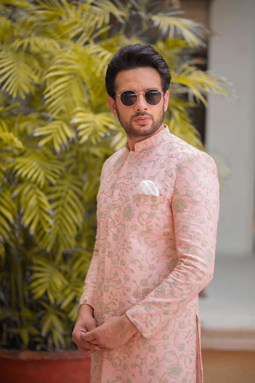 Powder Pink and Gold embroidered Sherwani