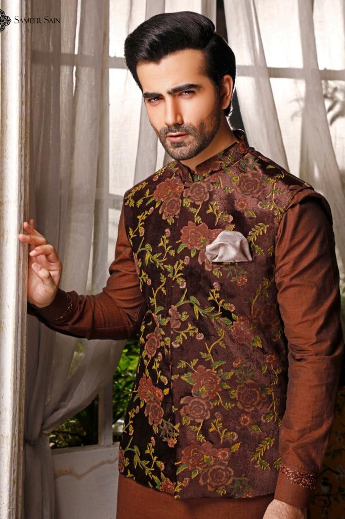 Brown Velvet Digital Print Waistcoat