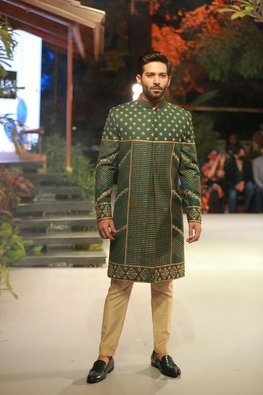 Green Block Art Sherwani