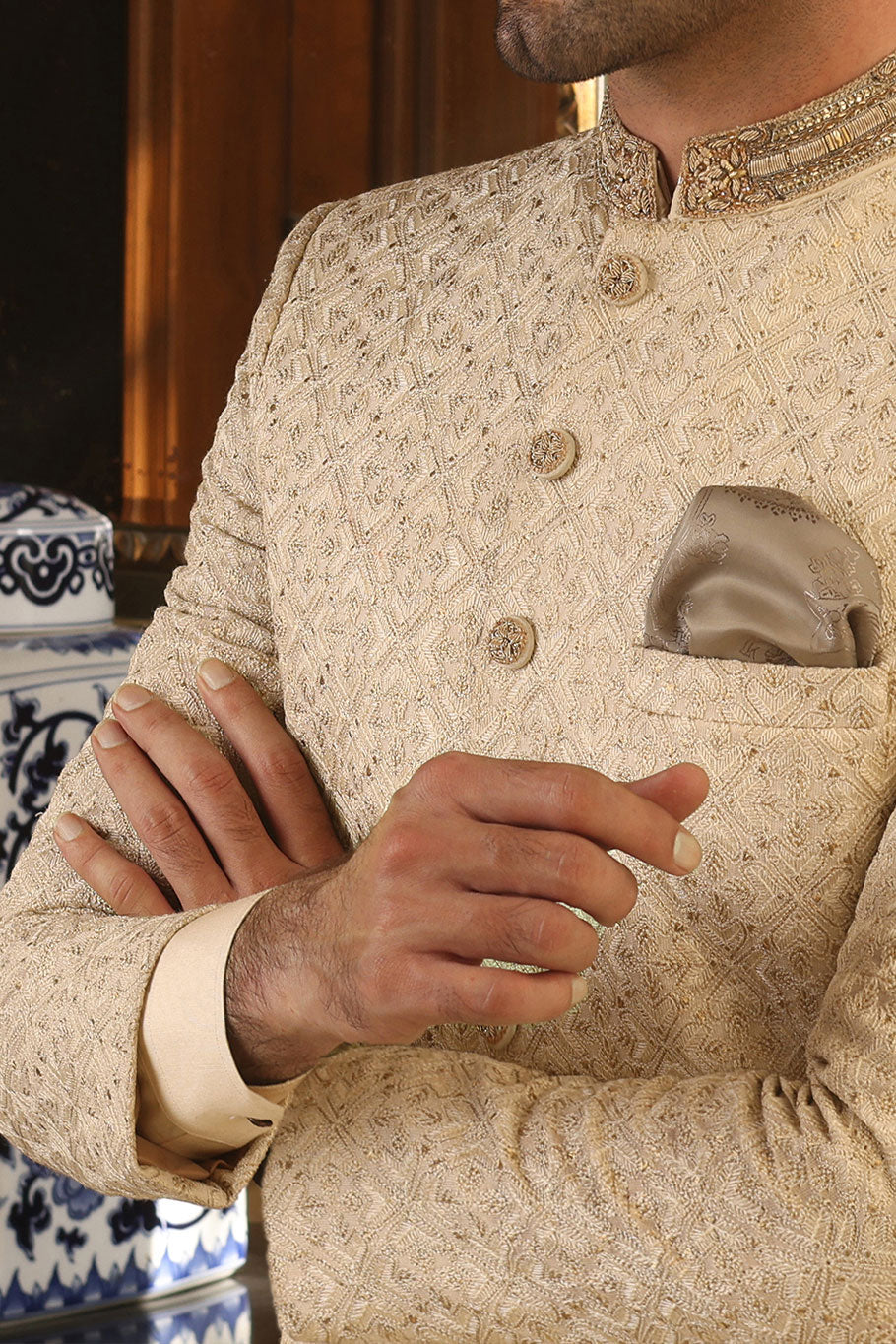Beige Embroidered  Sherwani