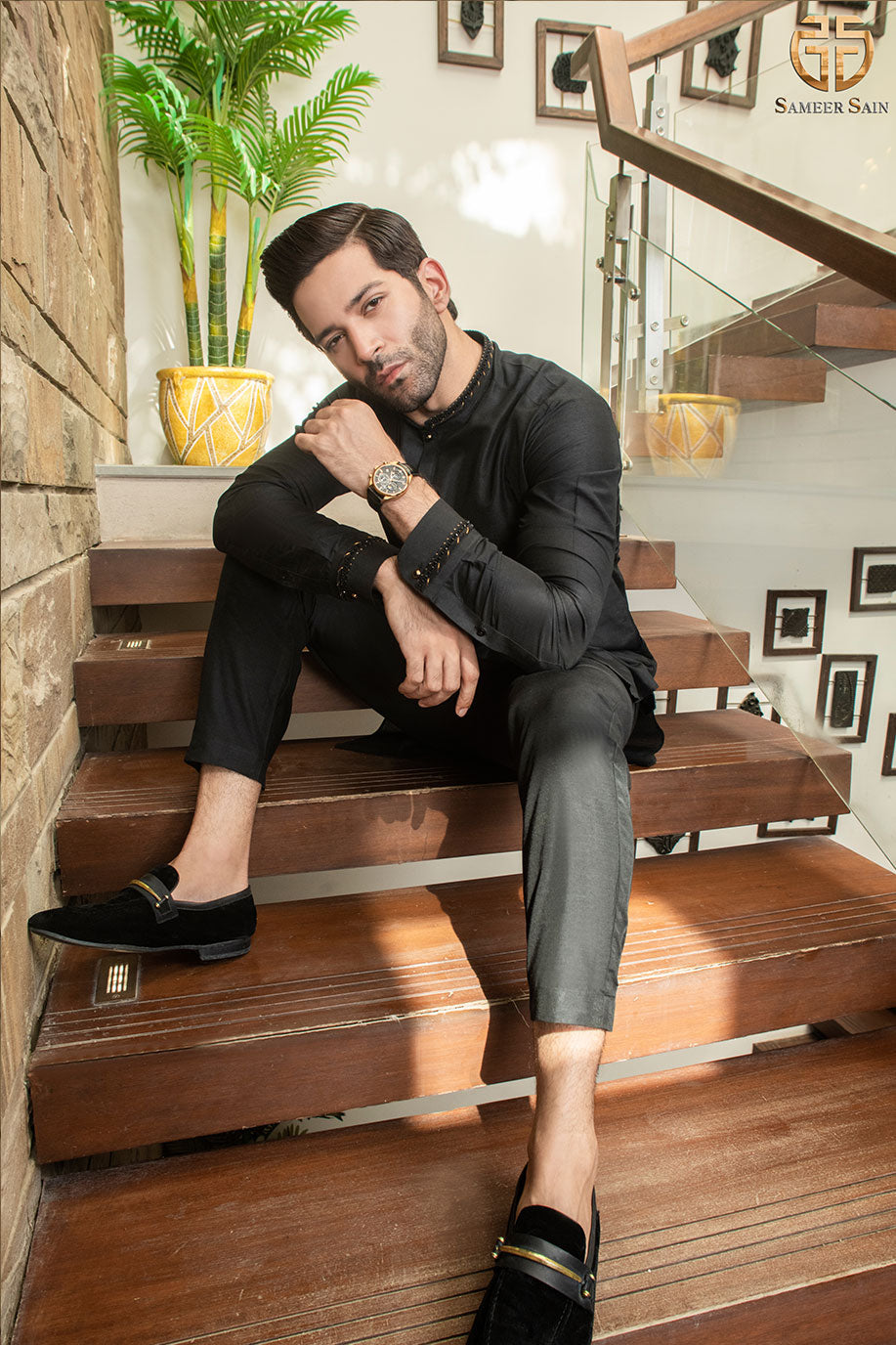 Black Logo Embellished Kurta And Trouser