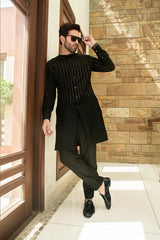 Black & Gold Front Open Stripes Kurta And Trouser