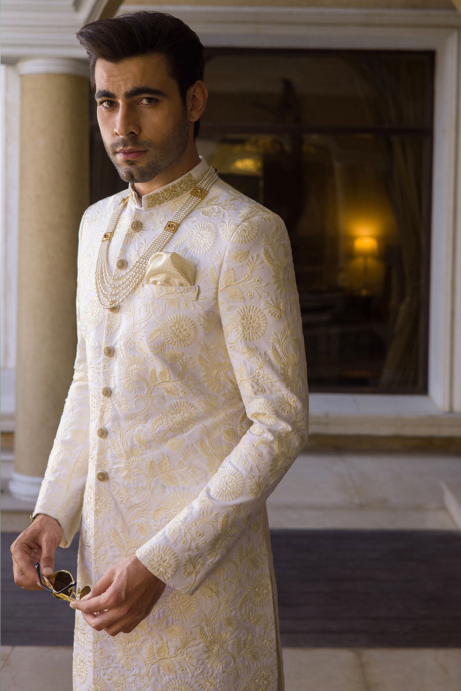 Off White Embroidered Sherwani