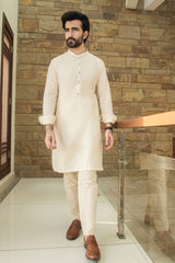 Cream Karandi Texture Kurta And Trouser