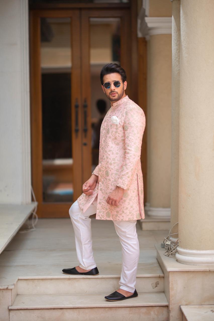 Powder Pink and Gold embroidered Sherwani