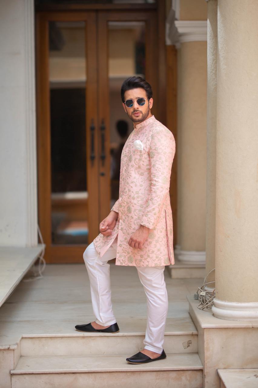 Powder Pink and Gold embroidered Sherwani