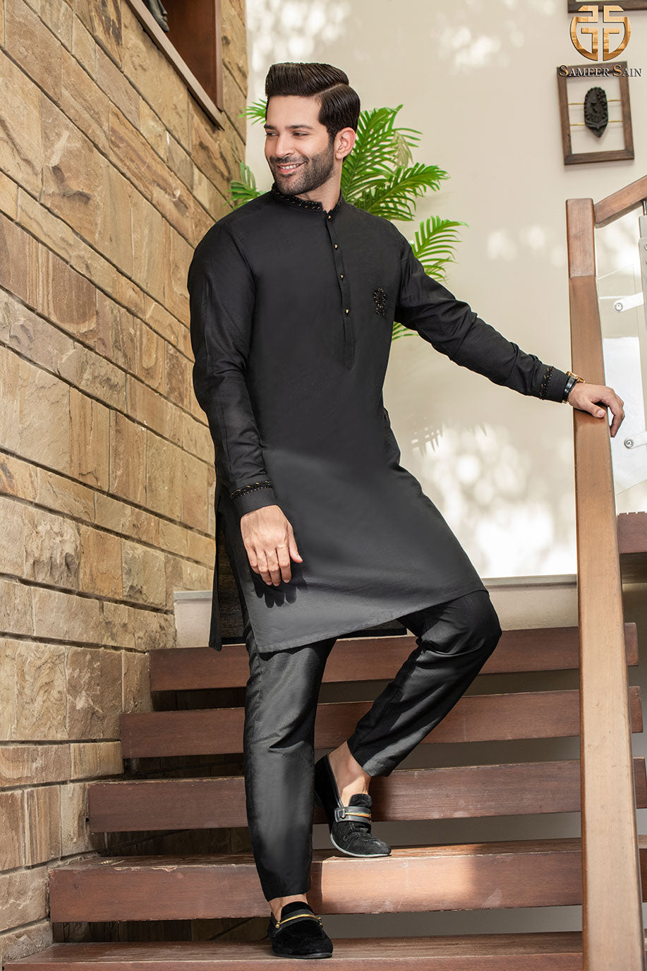 Black Logo Embellished Kurta And Trouser