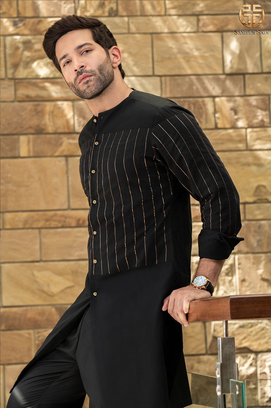 Black & Gold Front Open Stripes Kurta And Trouser