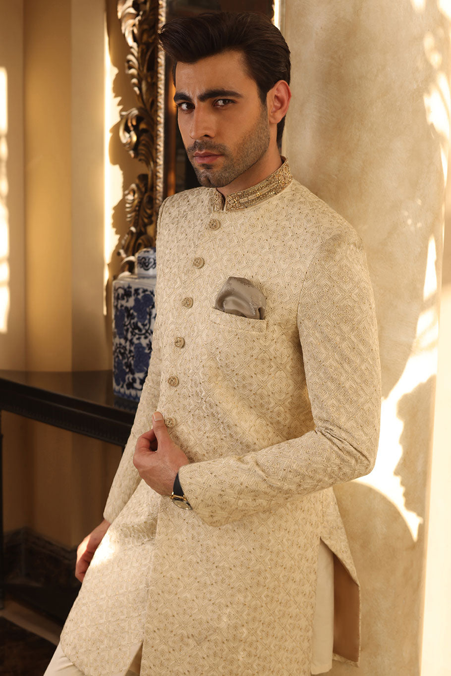 Beige Embroidered  Sherwani