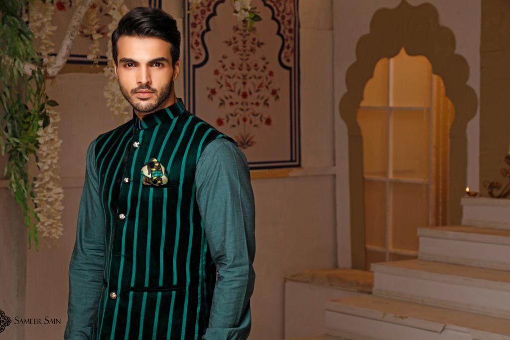 Velvet Green Stripes Waistcoat