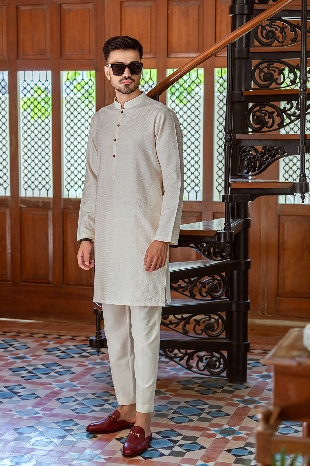 Cream colour embossed design Kurta