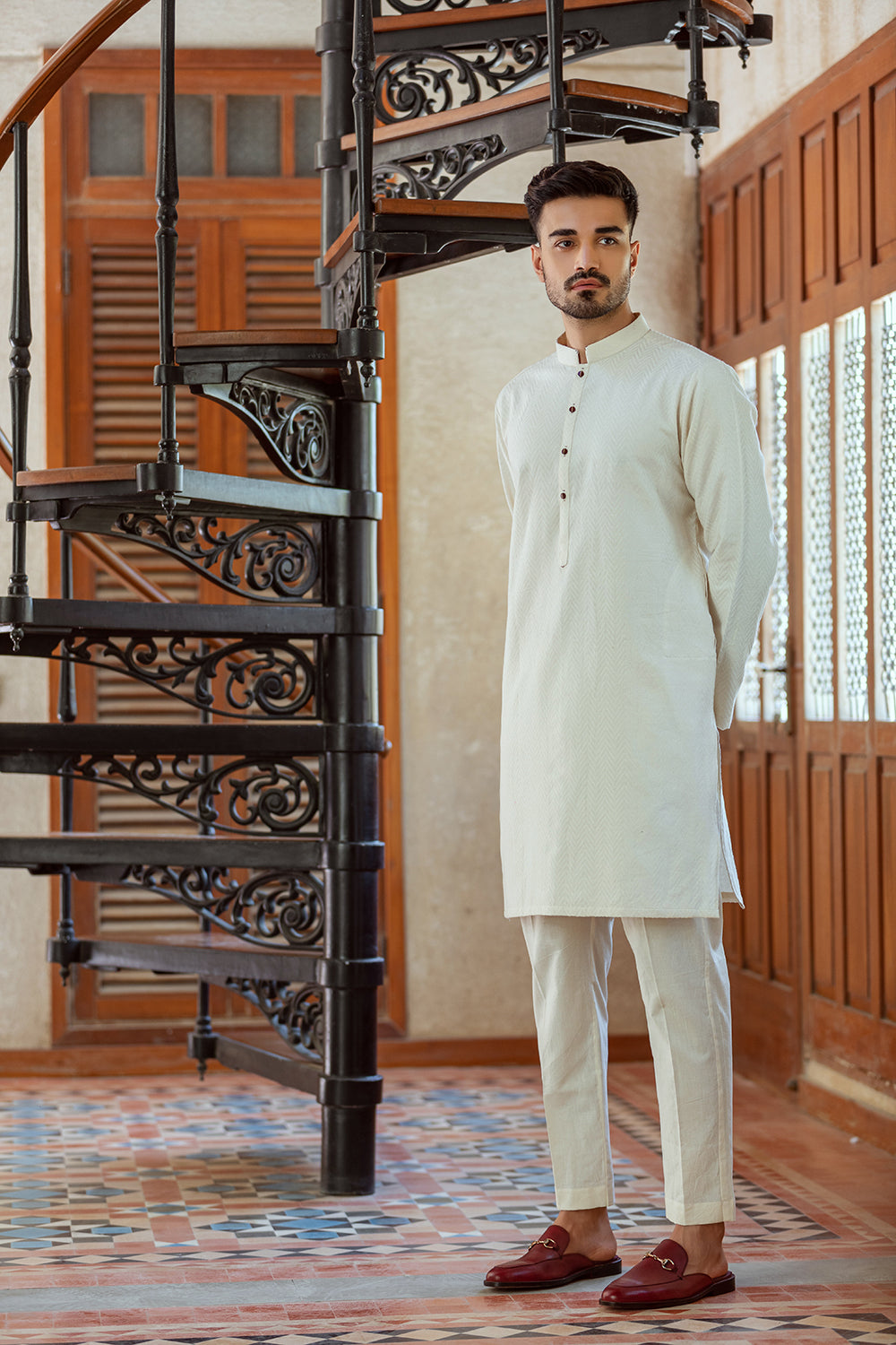 Cream colour embossed design Kurta Sameer Sain