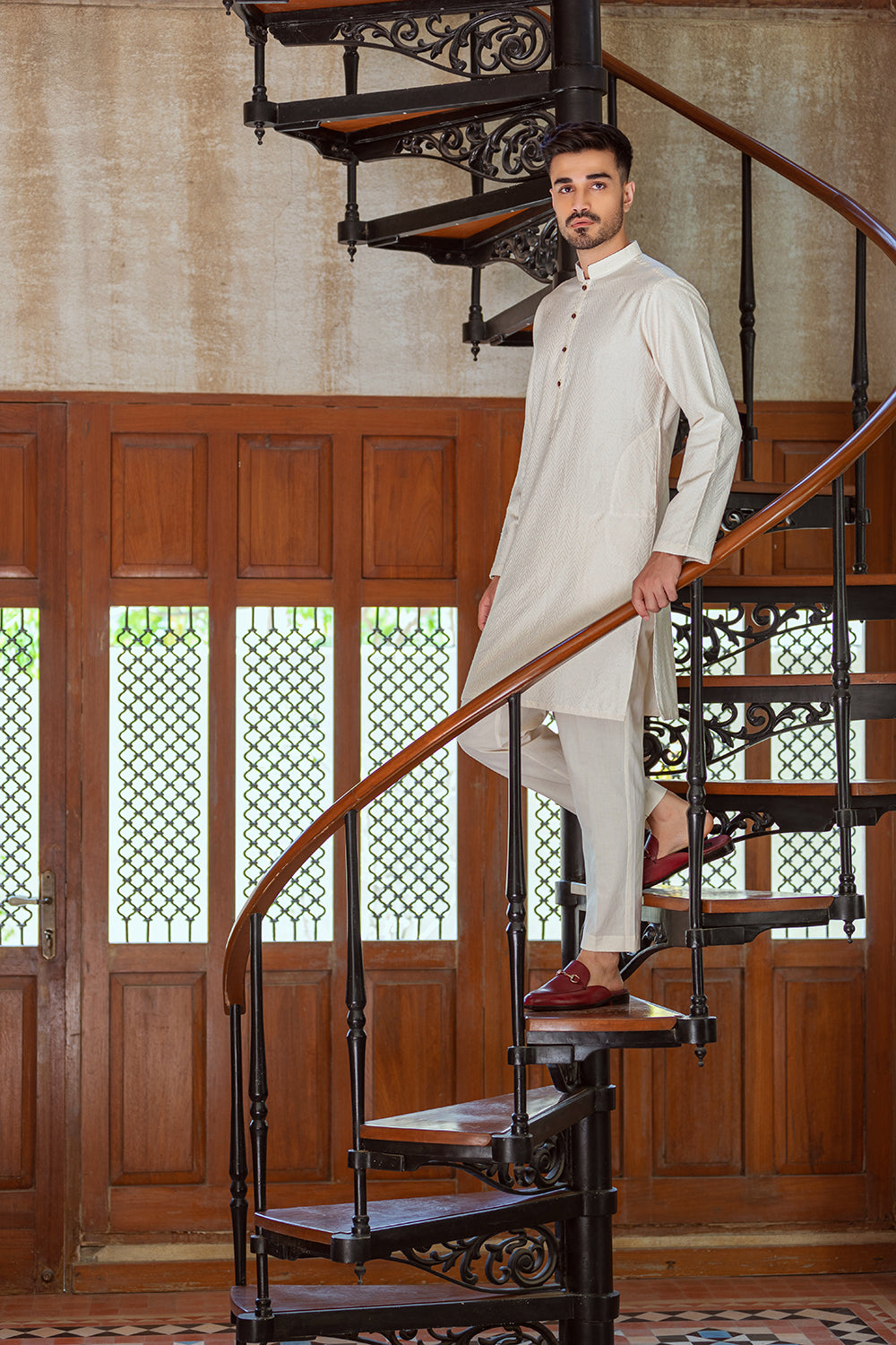 Cream colour embossed design Kurta