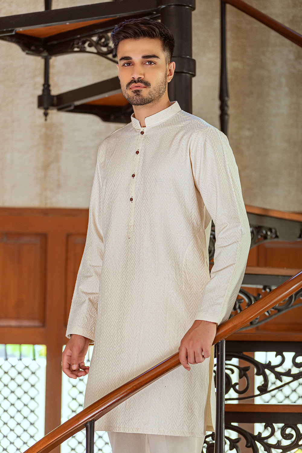 Cream colour embossed design Kurta