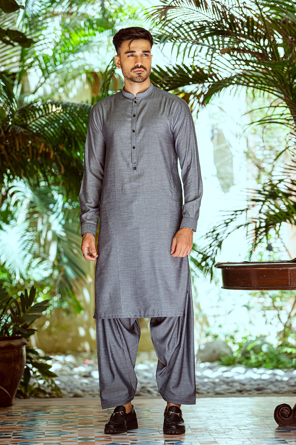 Grey pure cotton sherwani collar shalwar Kameez