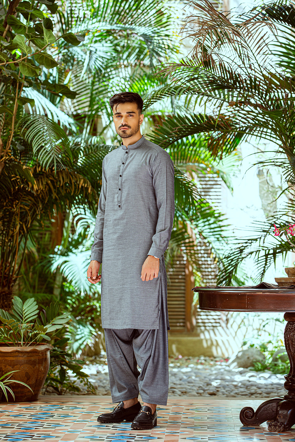 Grey pure cotton sherwani collar shalwar Kameez