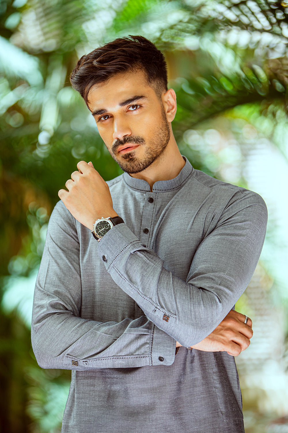 Grey pure cotton sherwani collar shalwar Kameez