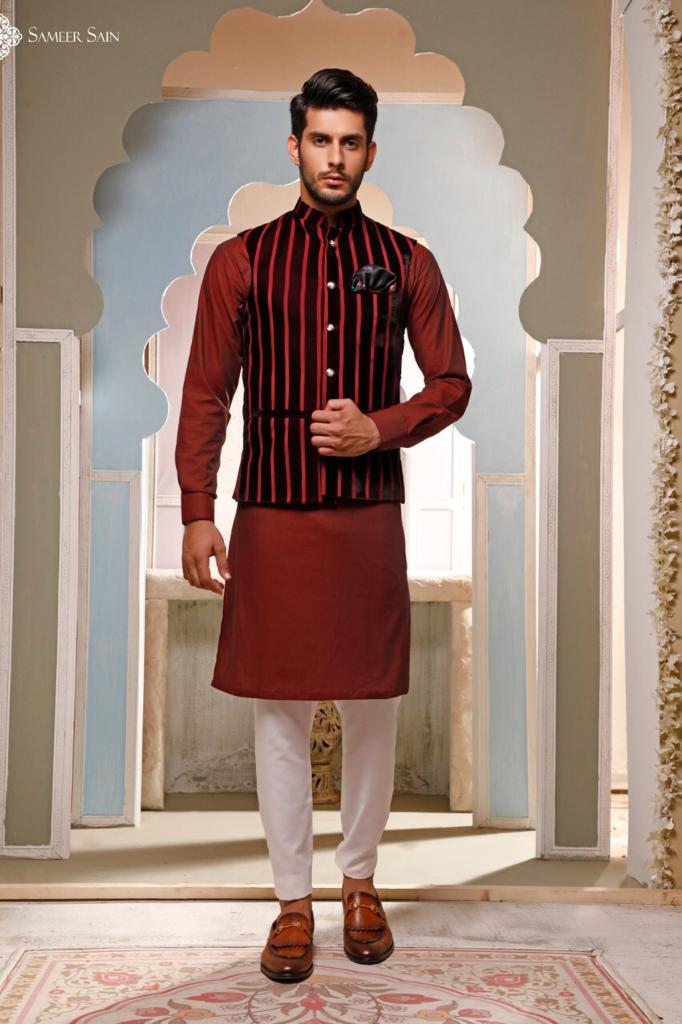 Maroon Waistcoat Stripes Velvet