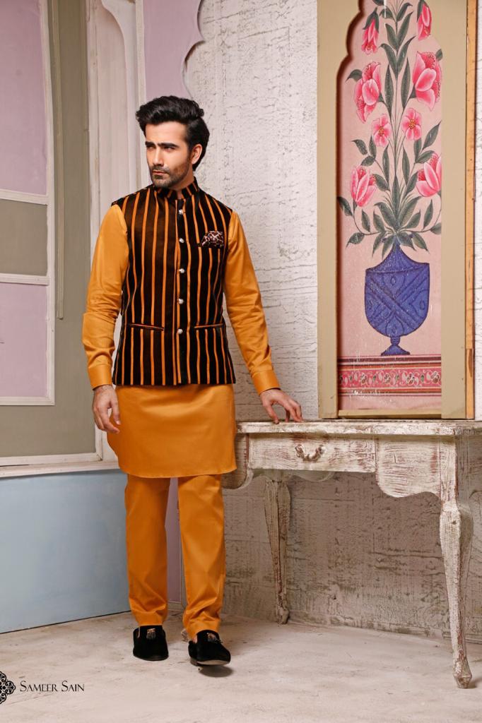 Velvet Mustard Stripes Waistcoat