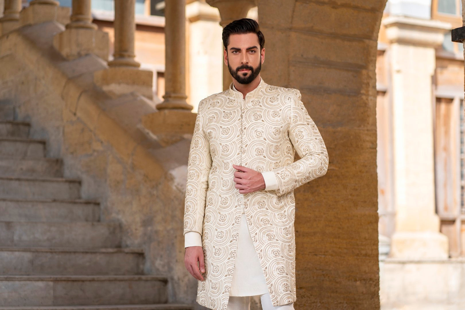 Round Off white sherwani