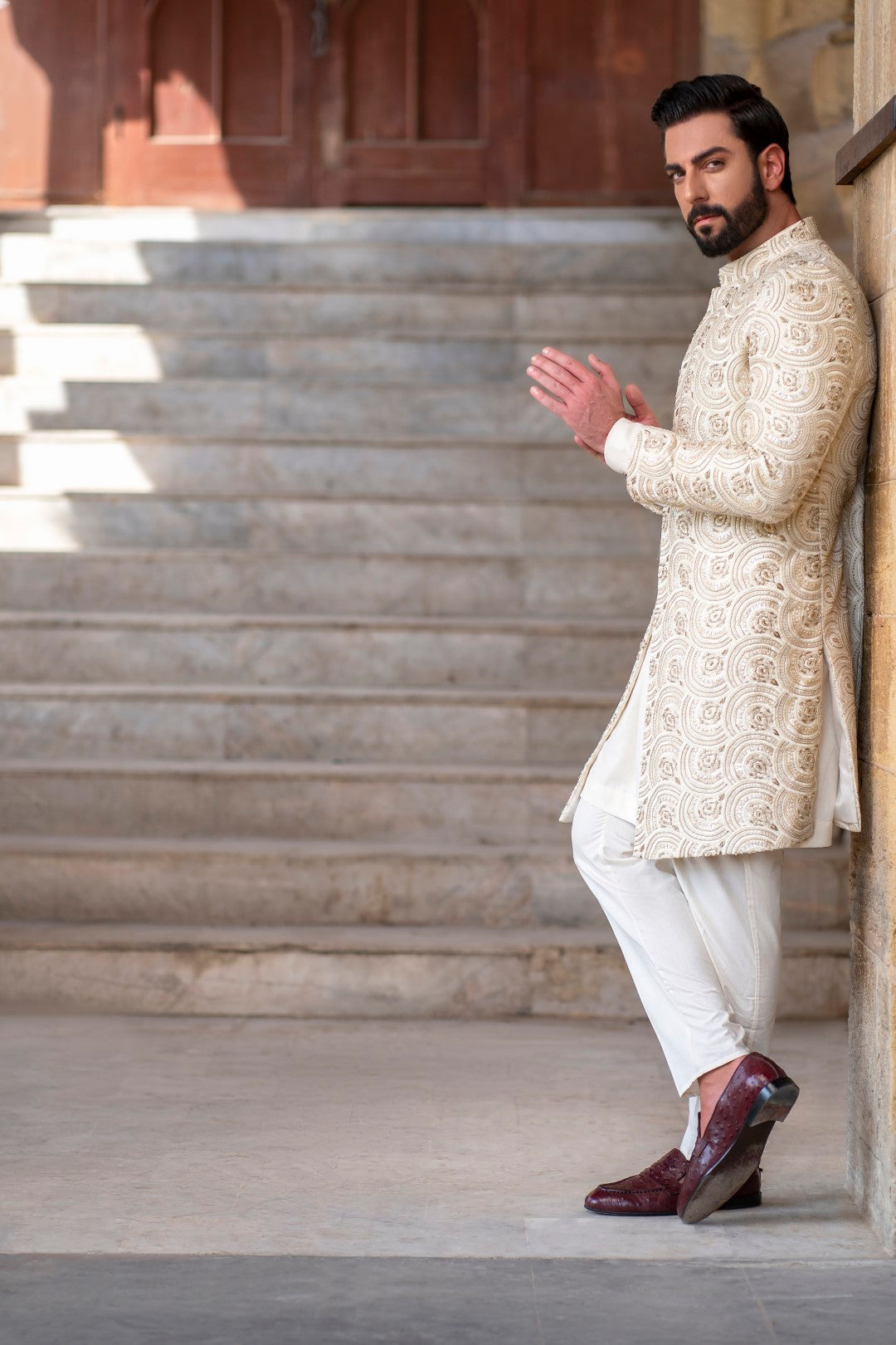 Round Off white sherwani