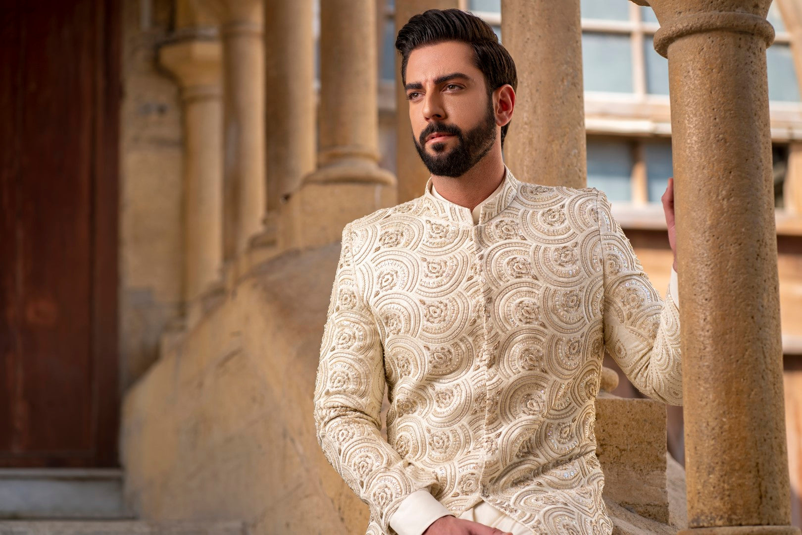 Round Off white sherwani