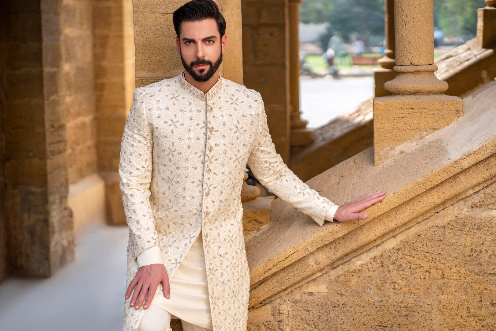 Star work Off white sherwani