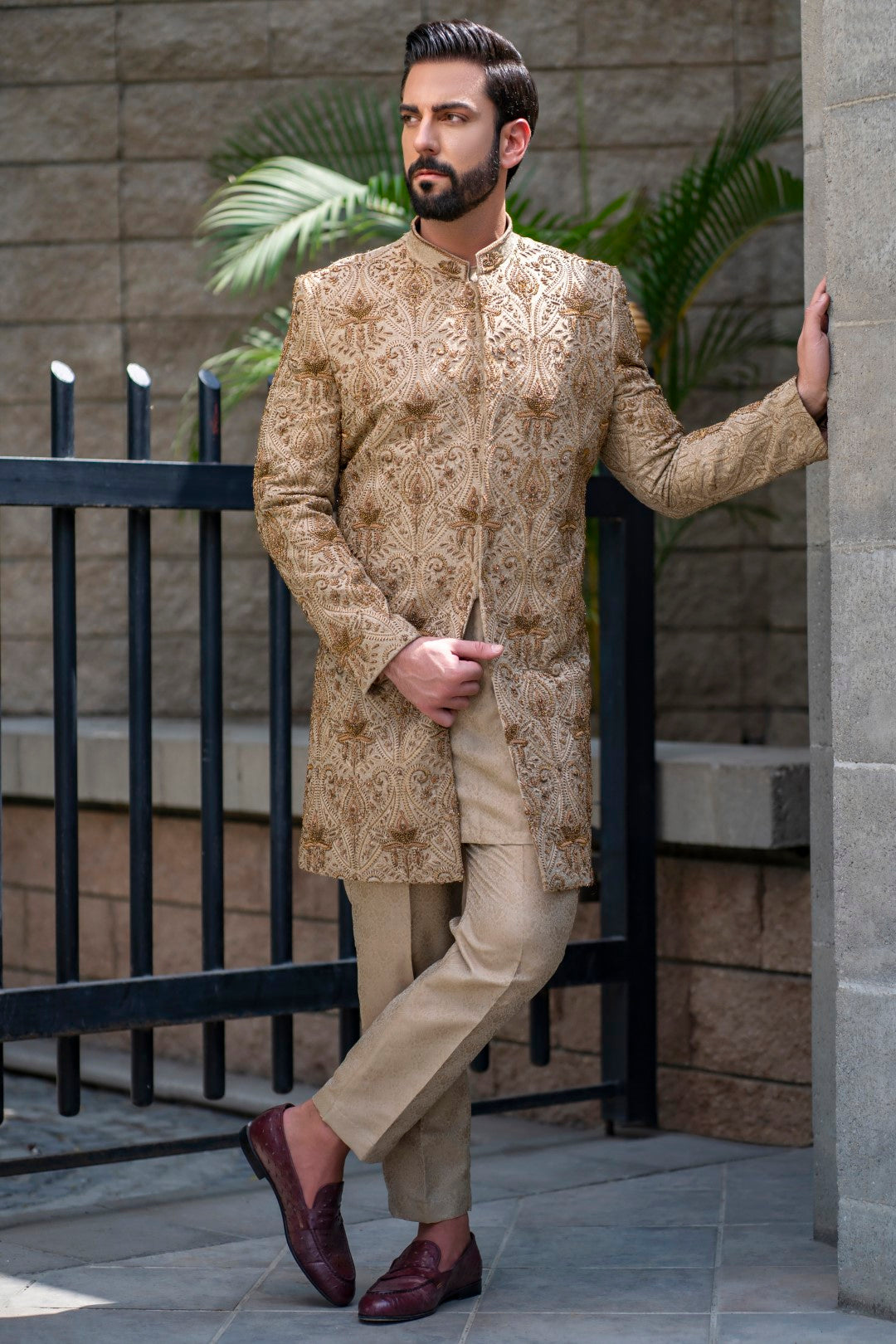 Teak Mughal Hand-Embellished Sherwani