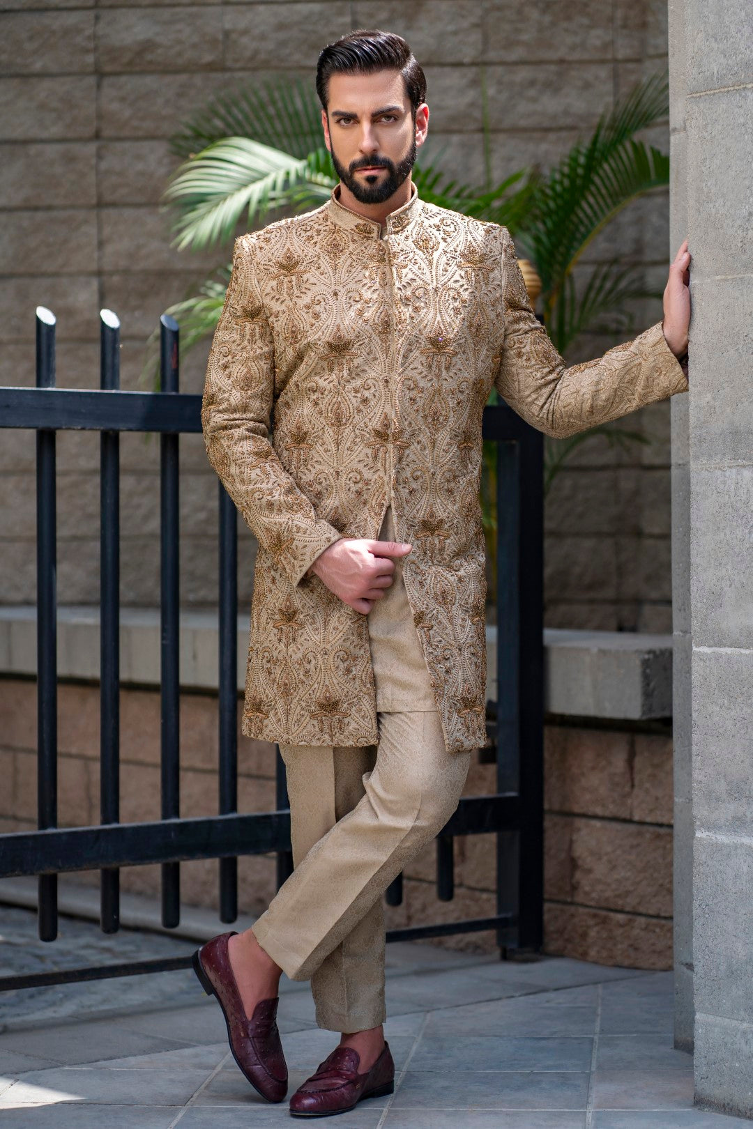 Teak Mughal Hand-Embellished Sherwani